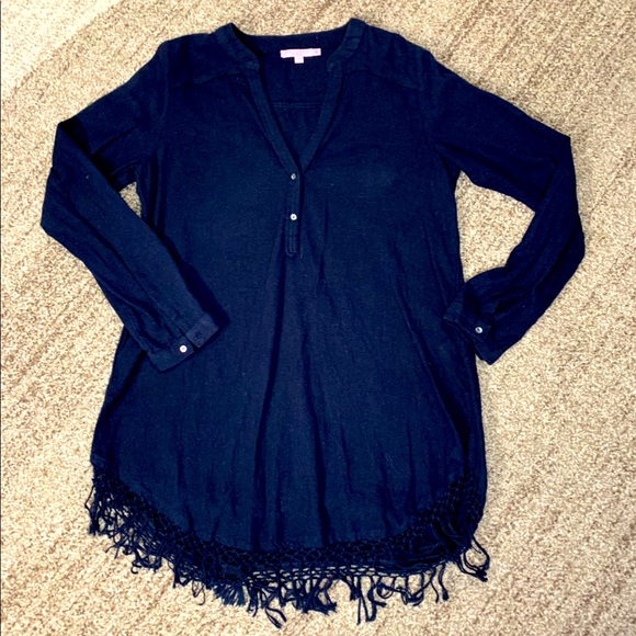 🔵 Calypso St. Barth 100% cotton tunic top Navy Blue, fringe hem S/M - Picture 3 of 12